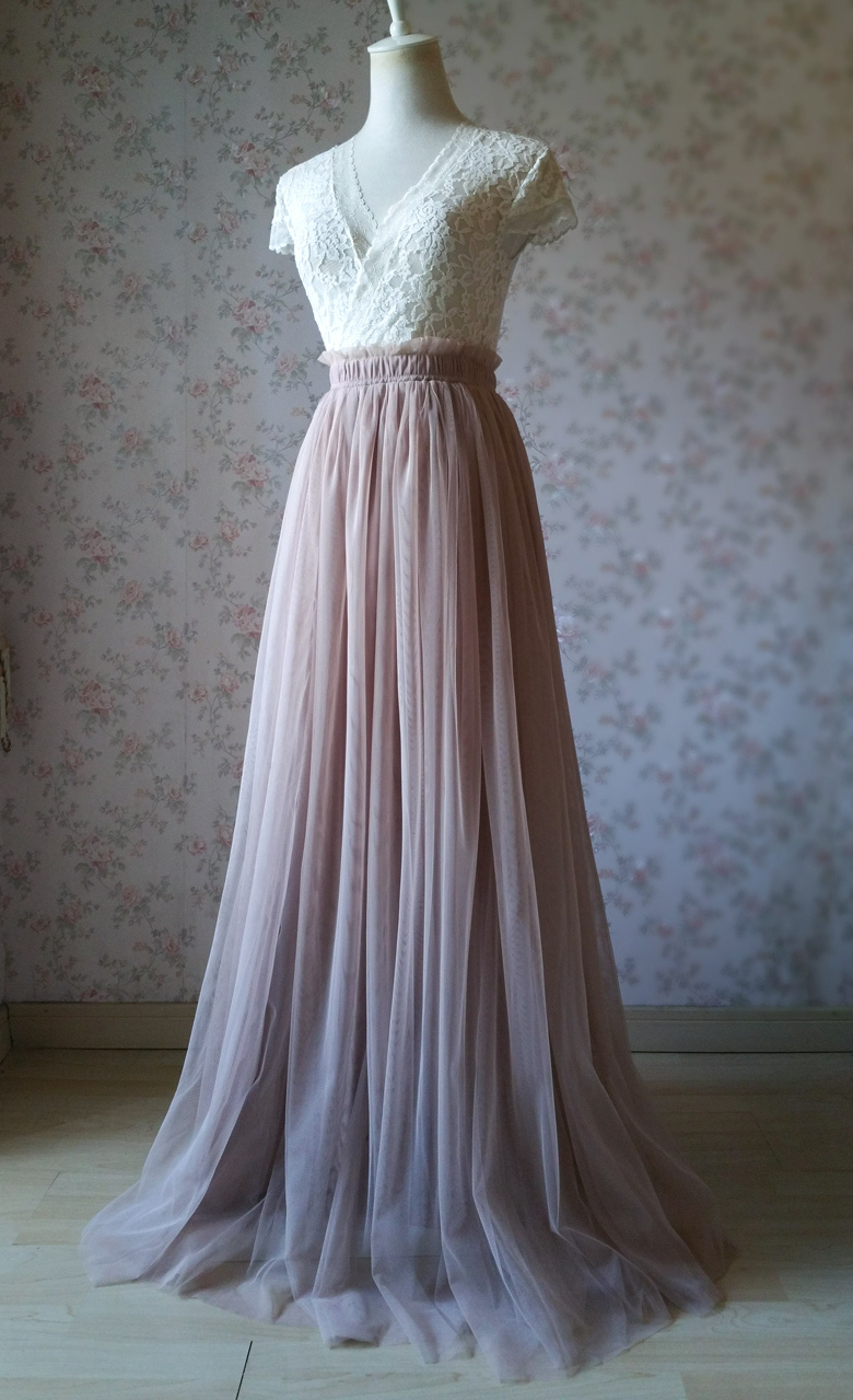 Taupe Maxi Tulle Skirt Bridesmaid Plus Size High Waisted Long Tulle Skirt