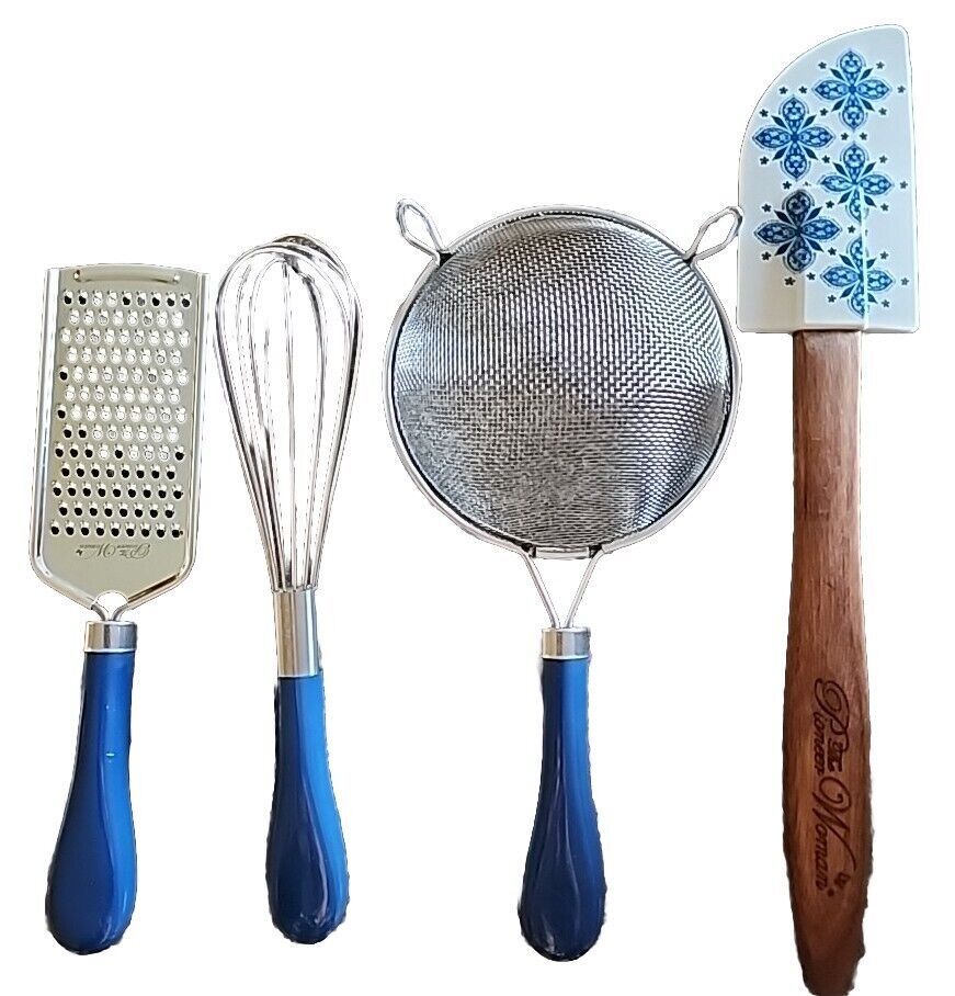 Primary image for Pioneer Woman ~ 4-Piece Utensil Set ~ Whisk ~ Spatula ~ Grater ~ Strainer ~ BLUE
