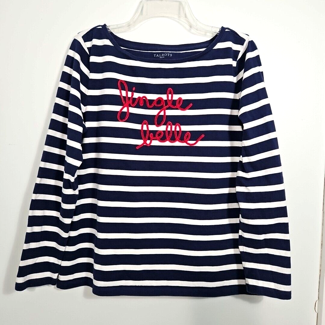 Primary image for Talbots Petite Blue Striped Boat Neck Jingle Belle Top T-Shirt LP Cotton Holiday