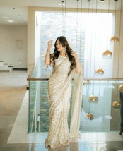 Embroidered Party wear Heavy Off White Color Saree Indian wedding Dress wedding - £36.90 GBP