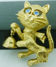 Charming Brass Cat With Green Rhinestone Eyes &amp; Bell Brooch Pin - £6.14 GBP