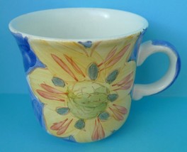 China Pottery MUG Cup Dishwasher Microwave Safe blue yellow painted Flowers - $11.23