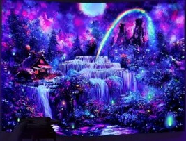 70&quot;x90&quot; Boho Botanical Fantasy World Cabin Rainbow Black LT Tapestry Wal... - $22.34