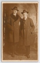RPPC Two Men Fedora Hats Long Coats Studio Photo Postcard M25 - £7.84 GBP