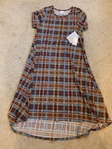 LulaRoe Carly Dress Fall Brown Teal Plaid Aztec Geometric Hi Lo Swing Sz XS - £14.78 GBP