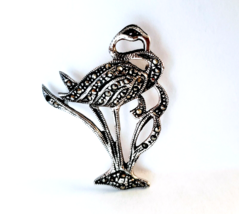 Sterling Silver Marcasite Flamingo with Red Gem eye Brooch Pin  - $19.79