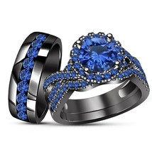 Blue Sapphire Trio Wedding Ring His / Hers Bridal Bands Set Black Gold Finish - £125.87 GBP