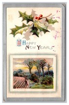 Happy New Year Holly and Berries Winter Landscape Embossed DB Postcard H29 - £2.28 GBP