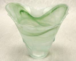 Green Slag Glass Vase/Candle Holder, 3-Petal Scalloped Rim, Round Tapered Base - £19.63 GBP