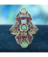 9K Yellow Gold Natural Opal and Ruby Vintage Style Cocktail Ring - $700.00