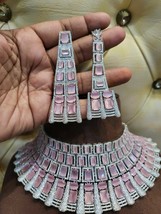 Bollywood Style Indian Cubic zirconia Choker Pink Necklace Earrings Jewelry Set - £226.54 GBP