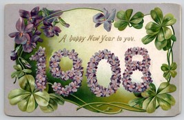 New Year Greeting 1908 Purple Pansies and Clover Tuck Postcard Q25 - £3.10 GBP