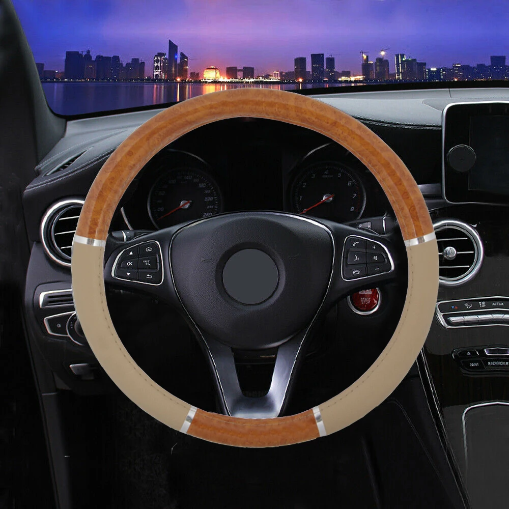  beige auto car wood grain steering wheel covers syn leather embossed anti slip 37 40cm thumb200