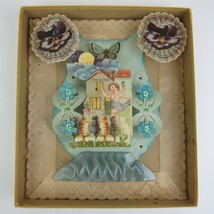 Antique Valentine 3D Cupid Cats Butterfly Moon Blue Fabric Large Store B... - $249.99