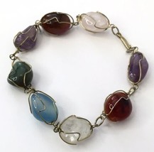 Vintage Gold Tone Caged Natural Stone Bracelet 8&quot; - $23.00