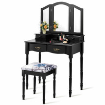 Black Tri Folding Mirror Vanity Makeup Table Stool Set Home Furni W/4 Drawer New - £226.20 GBP