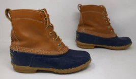 LL Bean Women&#39;s Size 7 Leather Duck Boots Made in USA Tan Blue 6&quot; Maine - £38.15 GBP