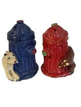 Vintage Fire Hydrant Salt and Pepper Shakers Dog Bear Figurines Japan Ce... - $21.60
