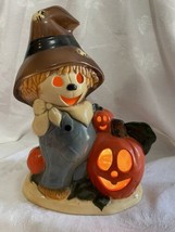 Beautiful Vtg Halloween Mr Ceramic Scarecrow Holding Pumpkin Decoration light up - £17.13 GBP