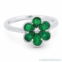 1.18 ct Pear-Shape Emerald &amp; Diamond Pave 18k White Gold Right-Hand Flower Ring - £2,702.91 GBP