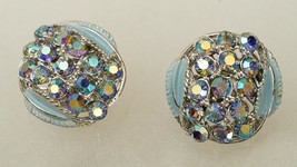 Vintage Costume Jewelry Silvertone AB Rhinestone Blue Enamel Leaf Clip E... - $19.79