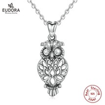 925 Sterling Silver Owl Pendant Necklace with Crystal CZ Hollow Design Animal Je - £31.44 GBP