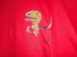 TeeFury Jurassic XLARGE &quot;Pocket Velociraptor&quot; Parody Shirt RED - £11.99 GBP