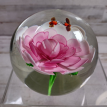 Vintage Round Glass Paperweight Pink &amp; White Ombre Rose Flower with Bees... - £22.74 GBP