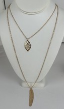 Necklace 2 Tier Gold Tone Feather Leaf 2&quot; Ext. Lobster Claw Closure Chain Link - £5.40 GBP