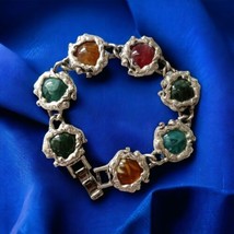 Tiger Wrapped Cabochon Bracelet Vintage Multi Color Faux Stone Link Silv... - $17.81