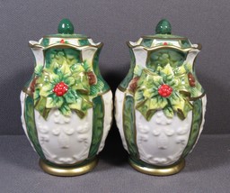 Salt &amp; Pepper Shakers Green &amp; White Ceramic 3D Florals &amp; Berries Clean Stoppers - £10.20 GBP