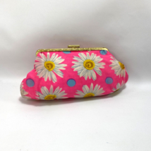 Vintage Pink Daisy Make Up Bag Clasp Closure Fabric Vinyl Lined Blue Pol... - $17.82