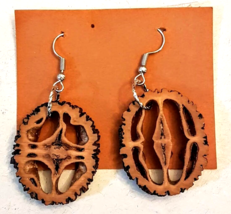 Natural Black Walnut Shell Pierced Earrings Unique Hand Crafted Artisan Jewelry - £12.60 GBP