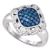 10k White Gold Round Blue Color Enhanced Diamond Diagonal Square Cluster Ring - £449.27 GBP