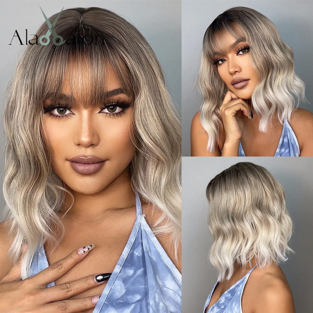 ALAN EATON Short Blonde Water Wave Synthetic Wigs with Bangs Natural Looki - £16.14 GBP+