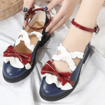 Bow Mary Janes Shoes | Women Leather Flats Sandals Lolita Chunky Heels #1254 - £38.71 GBP