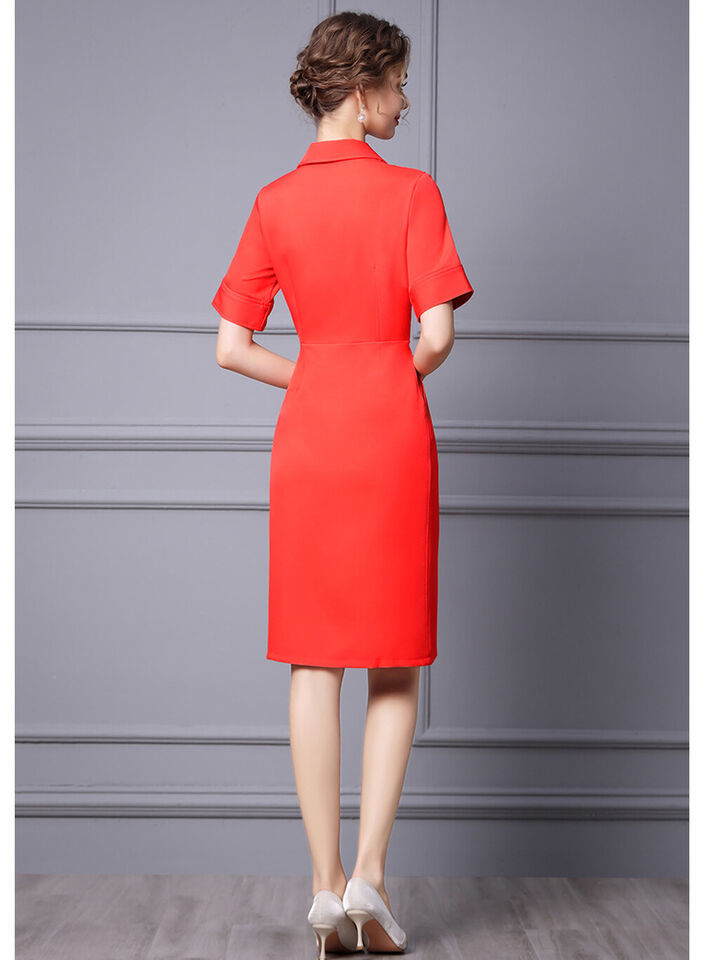 Celeb Amal Clooney Inspired Shirt Collar Scarlet Shirt Sheath Midi Dress in Red Item image 5