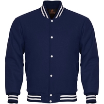 Super Quality Bomber Varsity Letterman Baseball Jacket Navy Blue Body Sleeves - £87.03 GBP