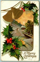 Gilt Bells Holly Winter Scene A Merry Christmas Embossed 1908  DB Postca... - $6.88