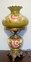 Antique Green Rose Floral Hand Painted Gone With The Wind Globe Lamp 28&quot; H - £297.40 GBP