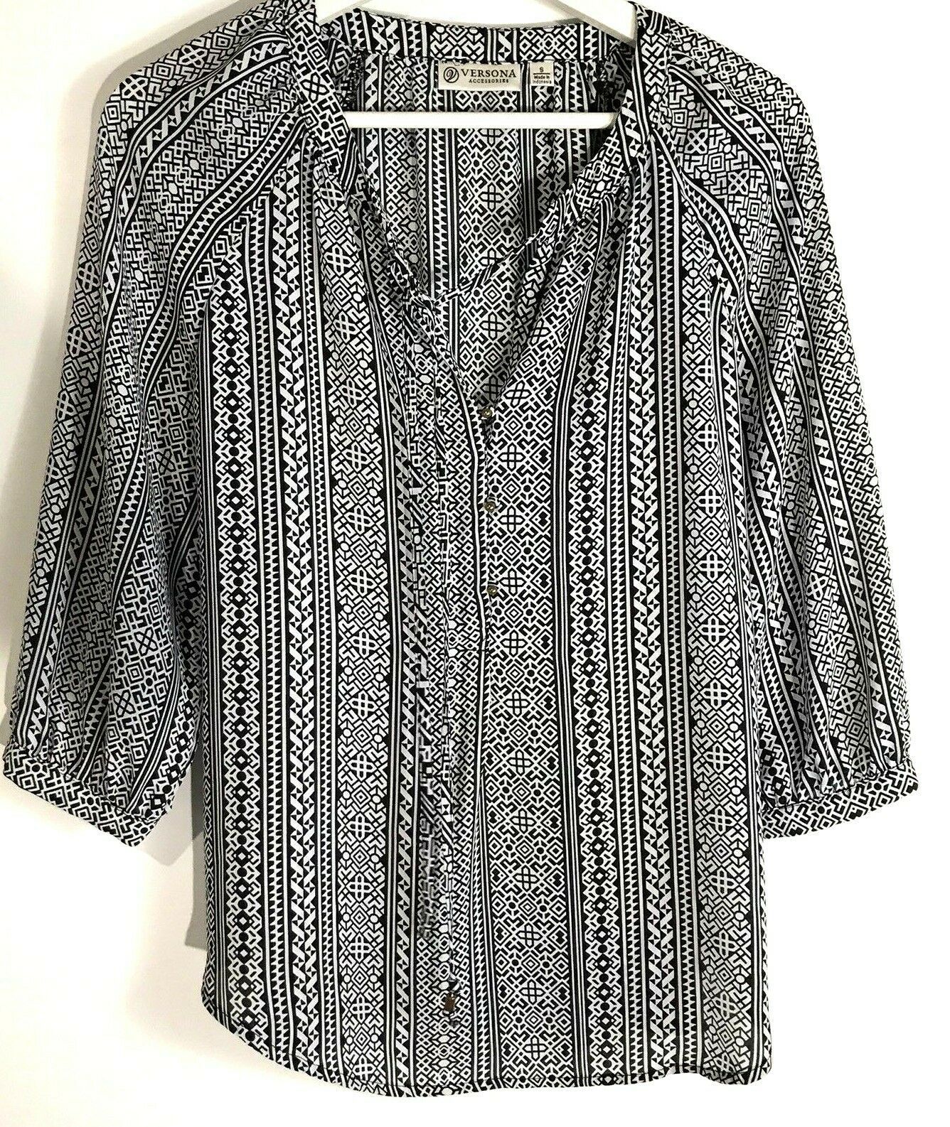 Versona Blouse Tunic Top Button Front 3/4 Sleeve Black &amp; White SZ S - $10.42