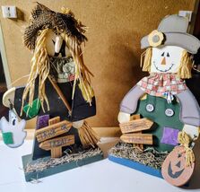 Handmade Halloween Scarecrow Figurines Set Multicolor Wood Fabric Matte ... - $4.95