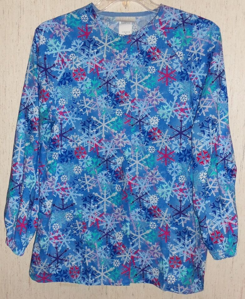 WOMENS FUNDAMENTALLY COTTON by White Swan &quot;Snowflakes&quot; SCRUBS TOP  SIZE M - $18.65