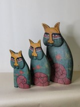 Set of 3 Laurel Burch Style Cats Wood Hand Painted Indonesia D - $19.80