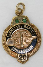 Vintage Tennessee Baptist Convention 20 Year Gold Filled Pendant 2 Green Stones - £23.35 GBP