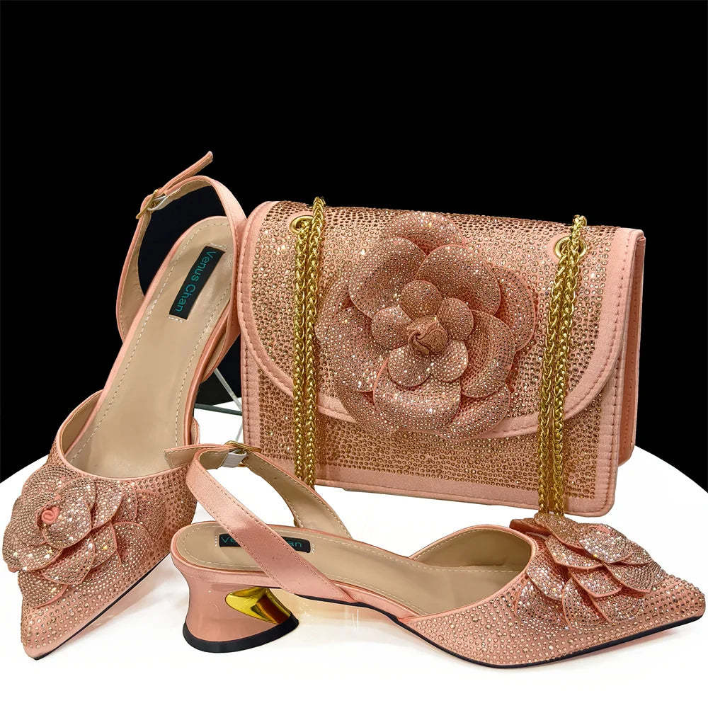 Pointed-Toe Large Flower Decoration Rhinestone Low Heel Italian Design Shoes and Item image 4
