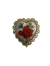 Heart Shaped Brooch Pin American Beauty Red Rose Gold Tone Ceramic Metal 1.5&quot; - £7.75 GBP