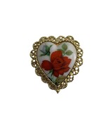 Heart Shaped Brooch Pin American Beauty Red Rose Gold Tone Ceramic Metal... - $9.90
