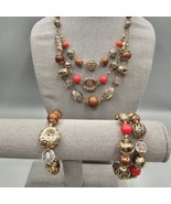 Beaded Jewelry Set (1) Necklace (2) Bracelets Red Wood Embossed Metal Fl... - $464.71 MXN