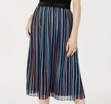 INC Womens M Blue Red Black Rainbow Stripe Metallic Shine Pleated Midi Skirt NWT - £21.78 GBP